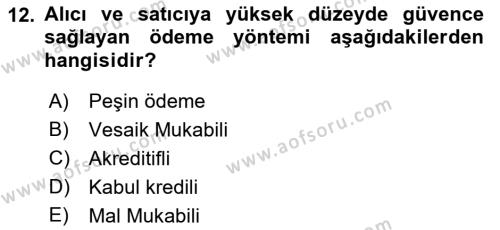 İthalat ve İhracat İşlemleri Dersi 2018 - 2019 Yılı (Final) Dönem Sonu Sınavı 12. Soru