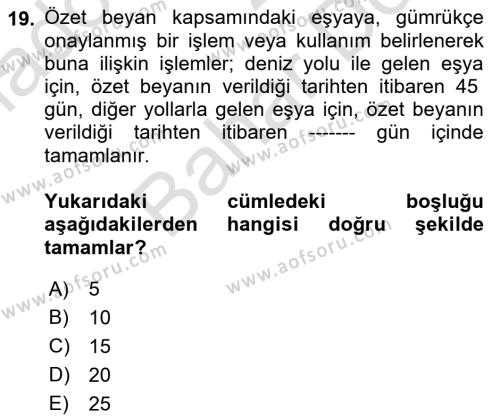 İthalat ve İhracat İşlemleri Dersi 2021 - 2022 Yılı (Final) Dönem Sonu Sınavı 19. Soru