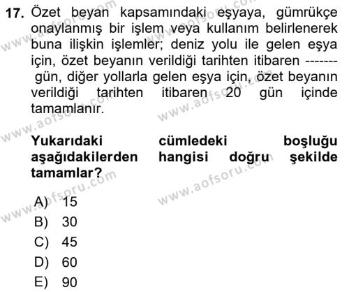 İthalat ve İhracat İşlemleri Dersi 2021 - 2022 Yılı Yaz Okulu Sınavı 17. Soru