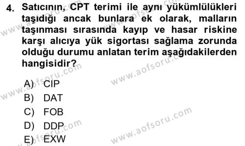 İthalat ve İhracat İşlemleri Dersi 2021 - 2022 Yılı Yaz Okulu Sınavı 4. Soru