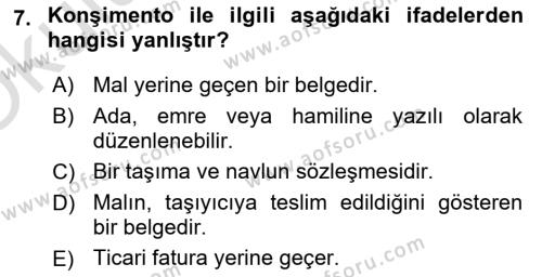 İthalat ve İhracat İşlemleri Dersi 2021 - 2022 Yılı Yaz Okulu Sınavı 7. Soru