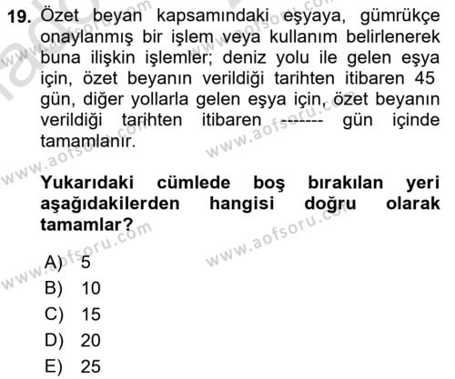 İthalat ve İhracat İşlemleri Dersi 2022 - 2023 Yılı Yaz Okulu Sınavı 19. Soru