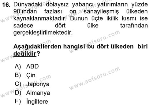 Dünya Ekonomisi Dersi 2022 - 2023 Yılı (Final) Dönem Sonu Sınavı 16. Soru