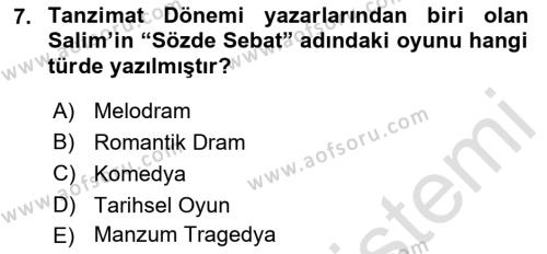 Türk Tiyatrosu Dersi 2018 - 2019 Yılı 3 Ders Sınavı 7. Soru