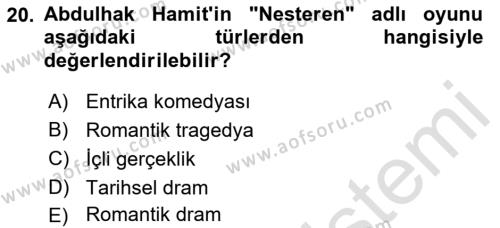 Türk Tiyatrosu Dersi 2021 - 2022 Yılı (Vize) Ara Sınavı 20. Soru