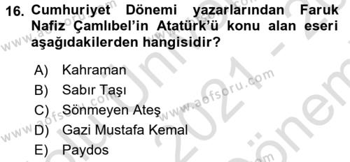 Türk Tiyatrosu Dersi 2021 - 2022 Yılı (Final) Dönem Sonu Sınavı 16. Soru