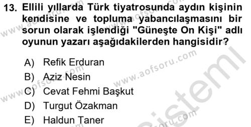 Türk Tiyatrosu Dersi 2022 - 2023 Yılı Yaz Okulu Sınavı 13. Soru