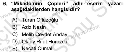 Türk Tiyatrosu Dersi 2023 - 2024 Yılı (Final) Dönem Sonu Sınavı 6. Soru