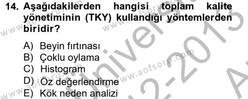 Konaklama Hizmetlerinde Kalite Yönetimi Dersi 2012 - 2013 Yılı (Vize) Ara Sınavı 14. Soru