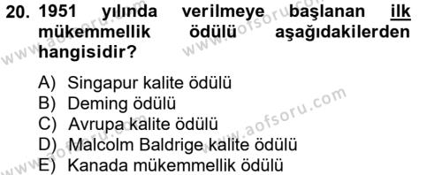 Konaklama Hizmetlerinde Kalite Yönetimi Dersi 2012 - 2013 Yılı (Final) Dönem Sonu Sınavı 20. Soru