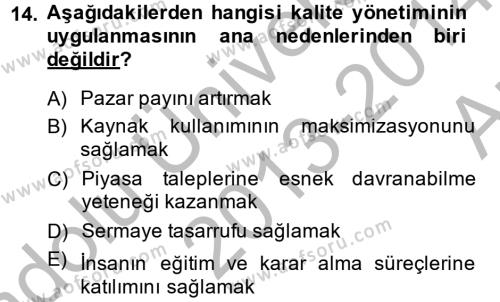 Konaklama Hizmetlerinde Kalite Yönetimi Dersi 2013 - 2014 Yılı (Vize) Ara Sınavı 14. Soru