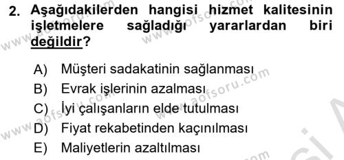 Konaklama Hizmetlerinde Kalite Yönetimi Dersi 2021 - 2022 Yılı (Vize) Ara Sınavı 2. Soru