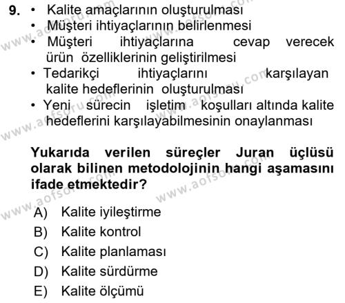 Konaklama Hizmetlerinde Kalite Yönetimi Dersi 2021 - 2022 Yılı (Vize) Ara Sınavı 9. Soru