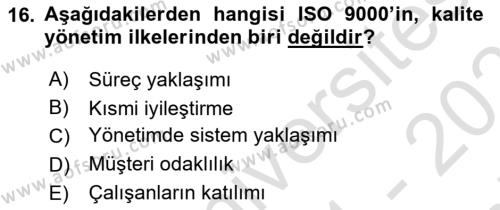 Konaklama Hizmetlerinde Kalite Yönetimi Dersi 2021 - 2022 Yılı (Final) Dönem Sonu Sınavı 16. Soru