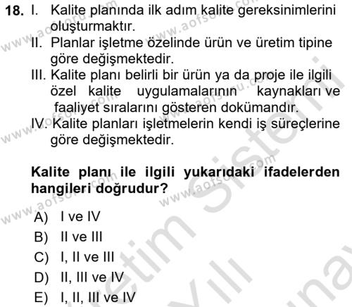 Konaklama Hizmetlerinde Kalite Yönetimi Dersi 2021 - 2022 Yılı (Final) Dönem Sonu Sınavı 18. Soru