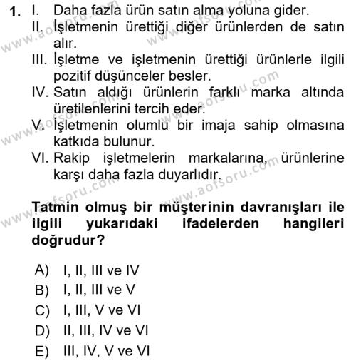 Konaklama Hizmetlerinde Kalite Yönetimi Dersi 2021 - 2022 Yılı Yaz Okulu Sınavı 1. Soru