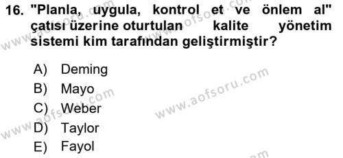 Konaklama Hizmetlerinde Kalite Yönetimi Dersi 2021 - 2022 Yılı Yaz Okulu Sınavı 16. Soru