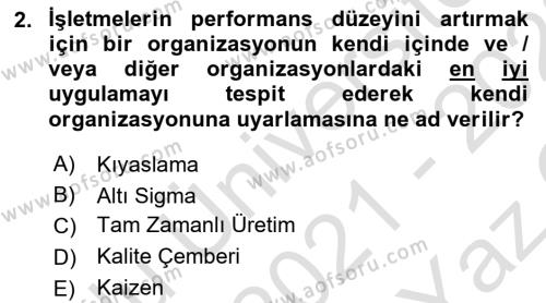 Konaklama Hizmetlerinde Kalite Yönetimi Dersi 2021 - 2022 Yılı Yaz Okulu Sınavı 2. Soru