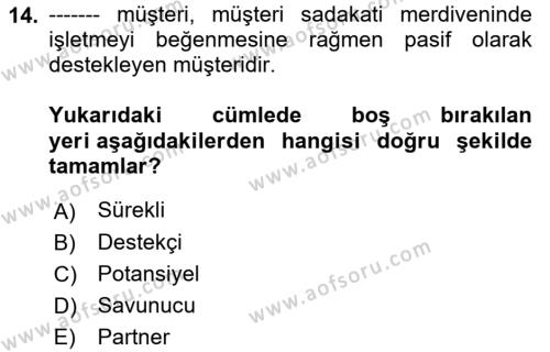 Konaklama Hizmetlerinde Kalite Yönetimi Dersi 2022 - 2023 Yılı Yaz Okulu Sınavı 14. Soru