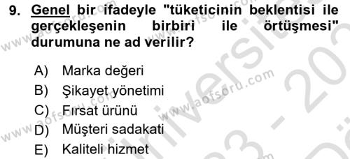 Konaklama Hizmetlerinde Kalite Yönetimi Dersi 2023 - 2024 Yılı (Vize) Ara Sınavı 9. Soru