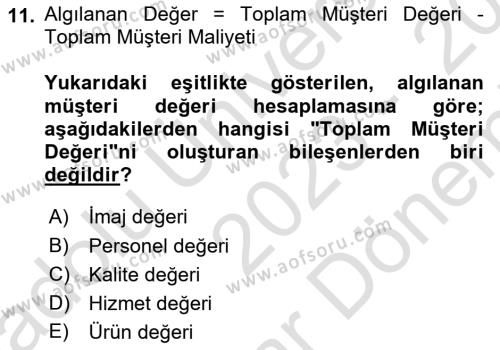 Konaklama Hizmetlerinde Kalite Yönetimi Dersi 2023 - 2024 Yılı (Final) Dönem Sonu Sınavı 11. Soru