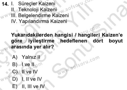 Konaklama Hizmetlerinde Kalite Yönetimi Dersi 2023 - 2024 Yılı (Final) Dönem Sonu Sınavı 14. Soru