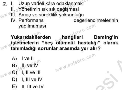 Konaklama Hizmetlerinde Kalite Yönetimi Dersi 2023 - 2024 Yılı (Final) Dönem Sonu Sınavı 2. Soru