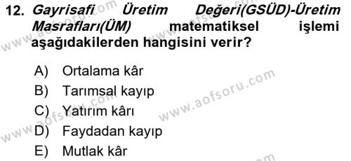 Tarım Ekonomisi Dersi 2018 - 2019 Yılı (Vize) Ara Sınavı 12. Soru