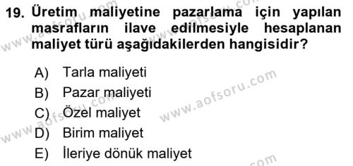 Tarım Ekonomisi Dersi 2021 - 2022 Yılı (Vize) Ara Sınavı 19. Soru