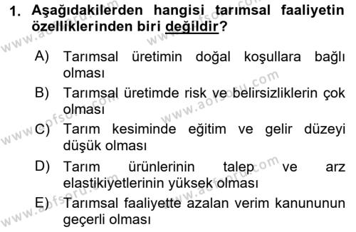 Tarım Ekonomisi Dersi 2021 - 2022 Yılı Yaz Okulu Sınavı 1. Soru