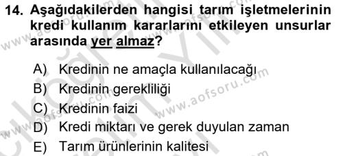 Tarım Ekonomisi Dersi 2021 - 2022 Yılı Yaz Okulu Sınavı 14. Soru