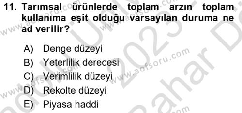 Tarım Ekonomisi Dersi 2023 - 2024 Yılı (Vize) Ara Sınavı 11. Soru