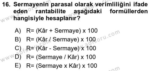 Tarım Ekonomisi Dersi 2023 - 2024 Yılı (Vize) Ara Sınavı 16. Soru