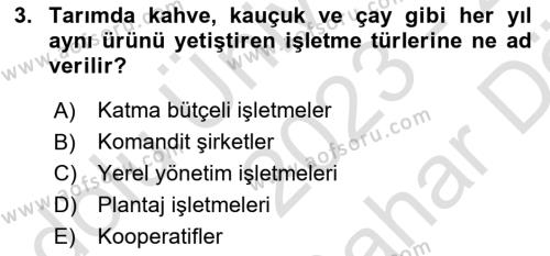 Tarım Ekonomisi Dersi 2023 - 2024 Yılı (Vize) Ara Sınavı 3. Soru