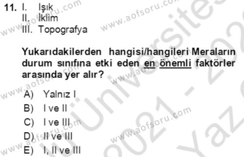 Ekoloji ve Çevre Bilgisi Dersi 2020 - 2021 Yılı Yaz Okulu Sınavı 11. Soru