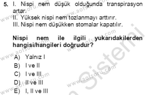 Ekoloji ve Çevre Bilgisi Dersi 2020 - 2021 Yılı Yaz Okulu Sınavı 5. Soru