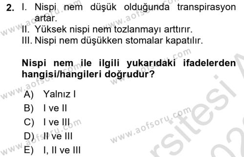 Ekoloji ve Çevre Bilgisi Dersi 2022 - 2023 Yılı (Final) Dönem Sonu Sınavı 2. Soru