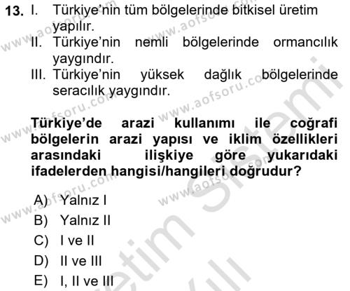 Ekoloji ve Çevre Bilgisi Dersi 2022 - 2023 Yılı Yaz Okulu Sınavı 13. Soru