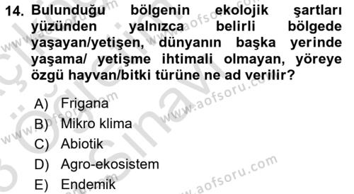 Ekoloji ve Çevre Bilgisi Dersi 2022 - 2023 Yılı Yaz Okulu Sınavı 14. Soru