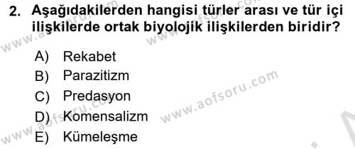 Ekoloji ve Çevre Bilgisi Dersi 2022 - 2023 Yılı Yaz Okulu Sınavı 2. Soru