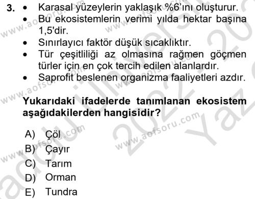 Ekoloji ve Çevre Bilgisi Dersi 2022 - 2023 Yılı Yaz Okulu Sınavı 3. Soru