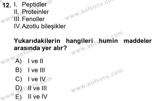 Ekoloji ve Çevre Bilgisi Dersi 2023 - 2024 Yılı (Vize) Ara Sınavı 12. Soru