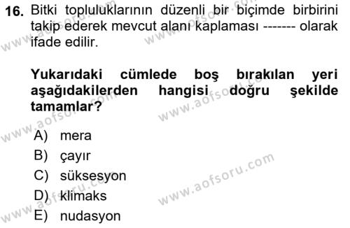 Ekoloji ve Çevre Bilgisi Dersi 2023 - 2024 Yılı (Vize) Ara Sınavı 16. Soru