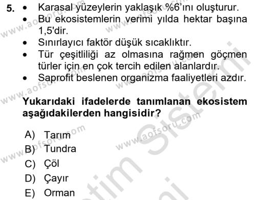 Ekoloji ve Çevre Bilgisi Dersi 2023 - 2024 Yılı (Vize) Ara Sınavı 5. Soru