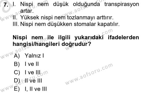 Ekoloji ve Çevre Bilgisi Dersi 2023 - 2024 Yılı (Vize) Ara Sınavı 7. Soru