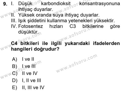 Ekoloji ve Çevre Bilgisi Dersi 2023 - 2024 Yılı (Vize) Ara Sınavı 9. Soru