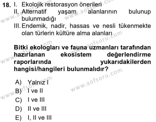 Ekoloji ve Çevre Bilgisi Dersi 2023 - 2024 Yılı (Final) Dönem Sonu Sınavı 18. Soru