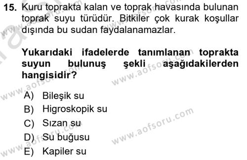 Ekoloji ve Çevre Bilgisi Dersi 2024 - 2025 Yılı (Vize) Ara Sınavı 15. Soru