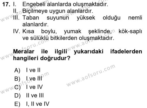 Ekoloji ve Çevre Bilgisi Dersi 2024 - 2025 Yılı (Vize) Ara Sınavı 17. Soru