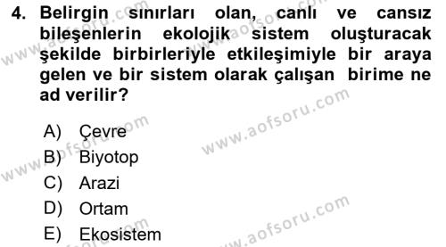 Ekoloji ve Çevre Bilgisi Dersi 2024 - 2025 Yılı (Vize) Ara Sınavı 4. Soru